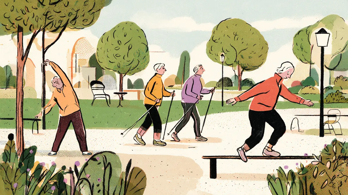 Illustration älterer Erwachsener bei sanfter Bewegung im Park: Dehnübungen, Nordic Walking, Balancetraining, heller Morgen.