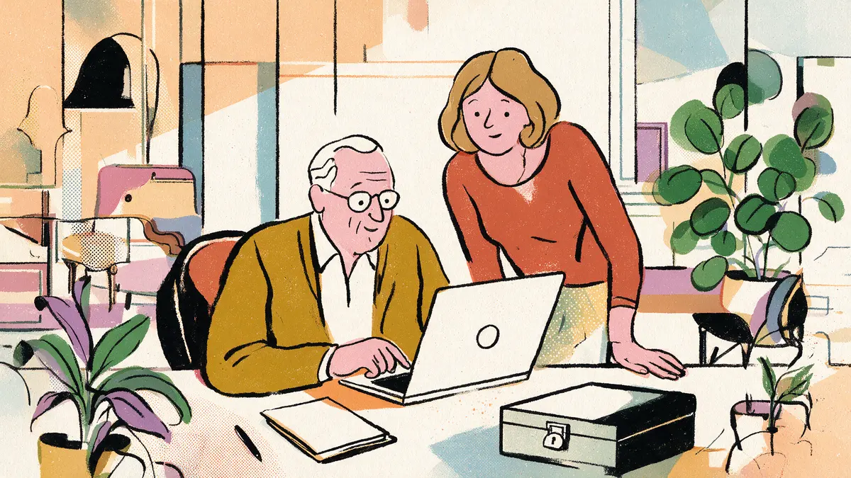 Illustration eines ruhigen Schreibtischs: ein Mann um die siebzig und seine Tochter schauen gemeinsam auf einen Laptop, daneben ein Notizbuch und ein geschlossener Tresor.