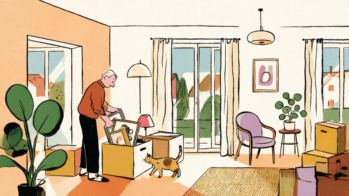 Illustration eines Mannes Mitte sechzig, der Bilder und eine Lampe zwischen Umzugskartons sortiert, eine Katze inspiziert einen Karton.