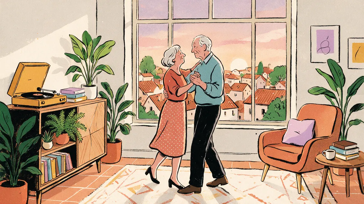 Illustration eines älteren Paares, das langsam im Wohnzimmer tanzt, ein Plattenspieler steht daneben, Abendlicht fällt durchs Fenster.