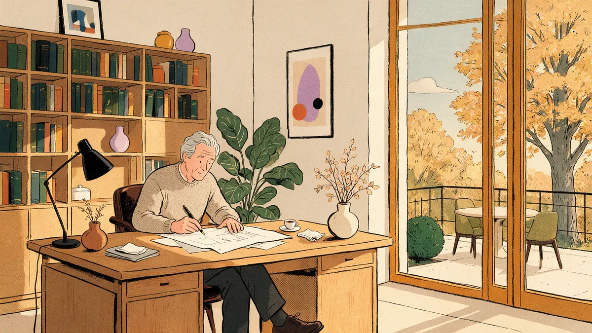 Illustration eines Mannes im Arbeitszimmer am Schreibtisch bei der Durchsicht von Unterlagen mit Füllfederhalter vor herbstlichem Garten.