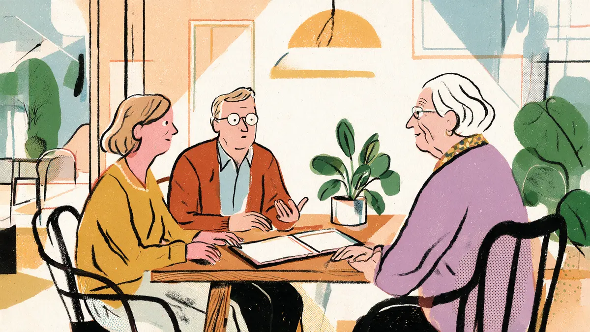 Illustration zweier erwachsener Geschwister mit einem älteren Angehörigen am Holztisch, offener Ordner, ernstes ruhiges Gespräch.