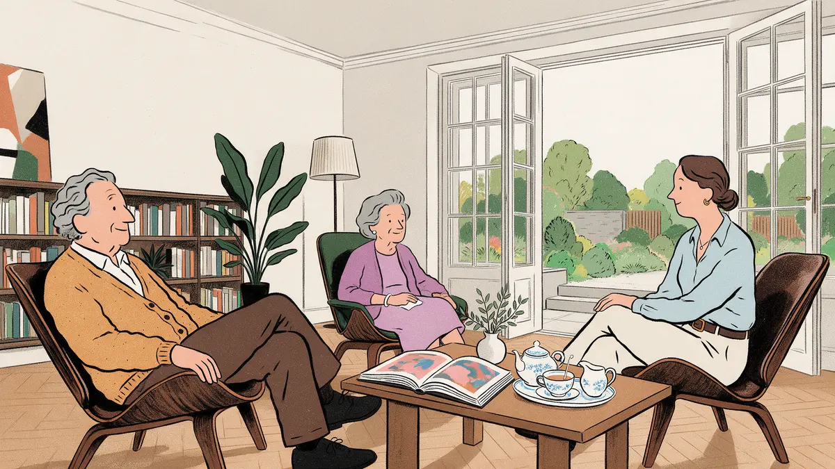 Illustration einer sonnendurchfluteten Bibliothek einer Villa: Ein älteres Ehepaar im Gespräch mit einer diskreten Betreuerin beim Nachmittagstee mit Blick in den Garten.