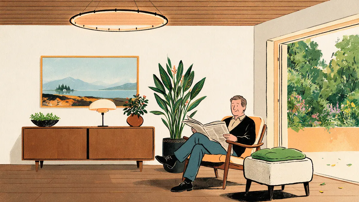 Helles modernes Wohnzimmer mit Holzfußboden, einer dezenten Deckenleuchte und einem Mann im Sessel mit Zeitung