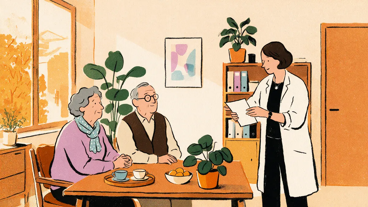 Illustration eines hellen Praxiszimmers mit Pflanzen: eine freundliche Ärztin erklärt einem Paar um die siebzig ruhig ein Informationsblatt, warmes Herbstlicht fällt durch das Fenster, im Hintergrund ein Regal mit Ordnern und Teetassen.