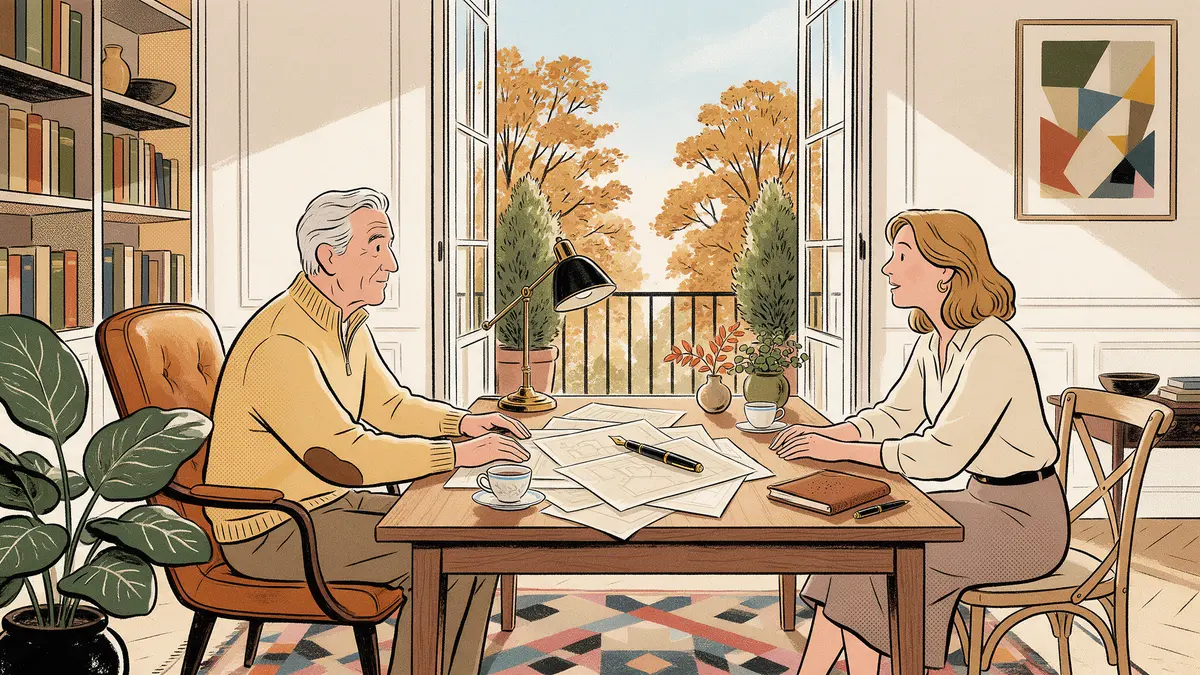 Vater und Tochter bei der generationenübergreifenden Vermögensbesprechung am Schreibtisch einer Privatbibliothek in herbstlichem Morgenlicht