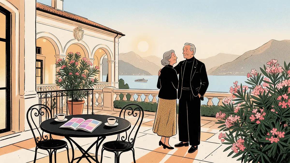 Illustration eines eleganten Paares im besten Alter auf der überdachten Sonnenterrasse eines Grand Hotels mit Blick auf einen ruhigen Alpensee und Bergkulisse vor dem Festspielabend.