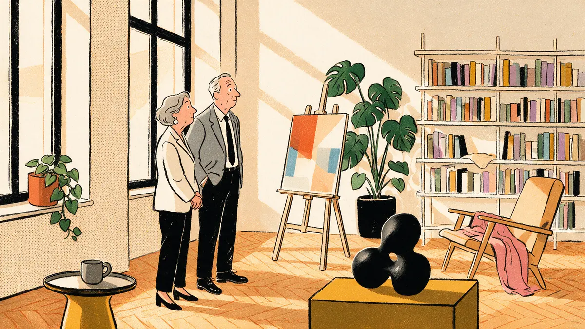 Illustration eines eleganten Paares im Atelier bei der Betrachtung einer Skulptur und eines Gemäldes im warmen Sonnenlicht.