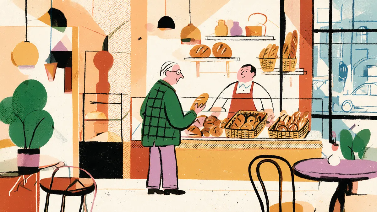 Illustration eines Mannes Ende sechzig an einer Bäckertheke, freundliche Verkäuferin, warmer Laden.