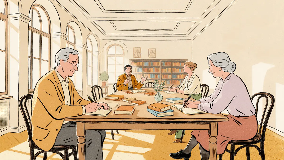 Reifere Studierende im historischen Universitätssaal bei einer Vorlesung